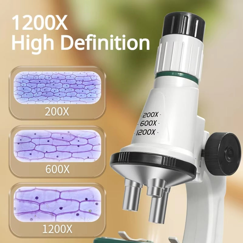Kids Microscope Kit 200X 600X 1200X Biological Science Stem Toy Hand Loupe School Educational Pocket Microscope with LED Light