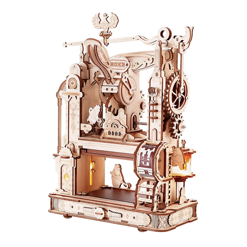 Rokr Printing Press 3D DIY Puzzle Gifts for Boyfriend Family Wooden Toys with LED Light Building Block Kit Play LK602
